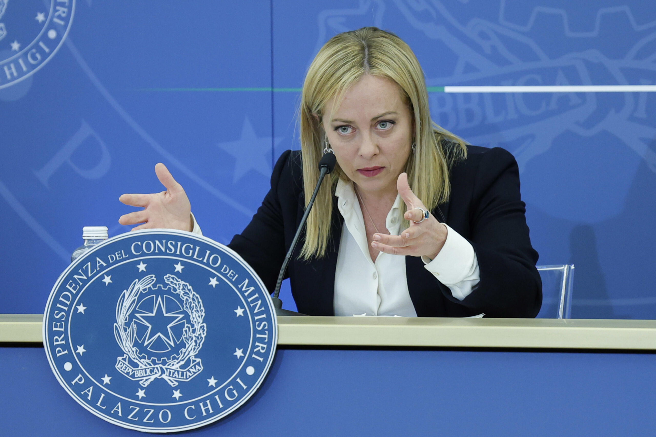 Il presidente del Consiglio Giorgia Meloni durante la conferenza stampa al termine del Consiglio dei Ministri, Roma, 4 Novembre 2022. ANSA/GIUSEPPE LAMI