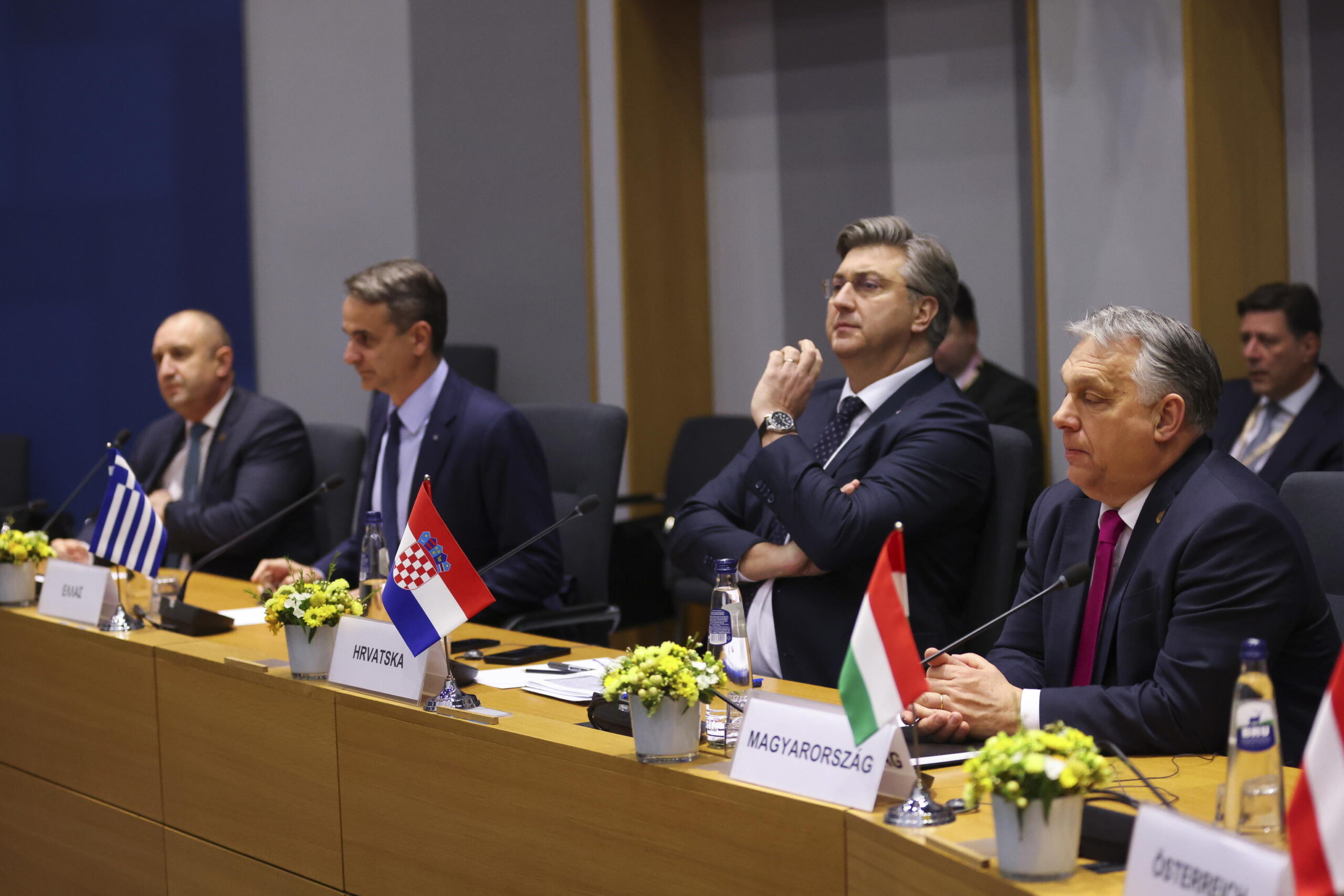 epa10457164 Hungary's Prime Minister Viktor Orban, Croatia's Prime Minister Andrej Plenkovic and Greece's Prime Minister Kyriakos Mitsotakis attend a bilateral meeting with Ukrainian President Volodymyr Zelensky during the European leaders summit in Brussels, Belgium, 09 February 2023. EU leaders will meet in Brussels on 09 and 10 February for a summit to discuss Russia's invasion of Ukraine, the EU's economy and competitiveness, and its migration policy.  EPA/JOHANNA GERON / POOL