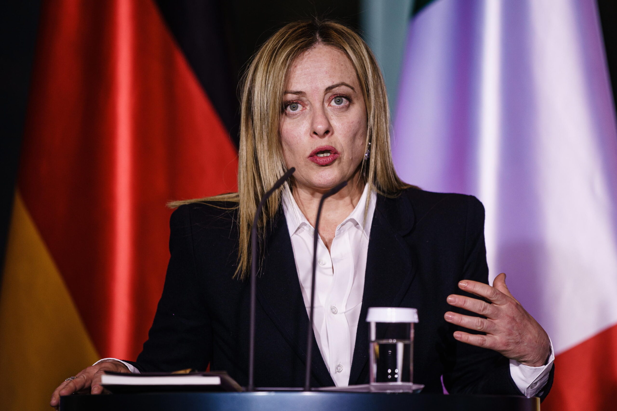 epa10445885 Italian Prime Minister Giorgia Meloni gestures during a joint press conference with German Chancellor Scholz (not pictured) at the Chancellery in Berlin, Germany, 03 February 2023. Scholz and Meloni met for bilateral talks.  EPA/CLEMENS BILAN