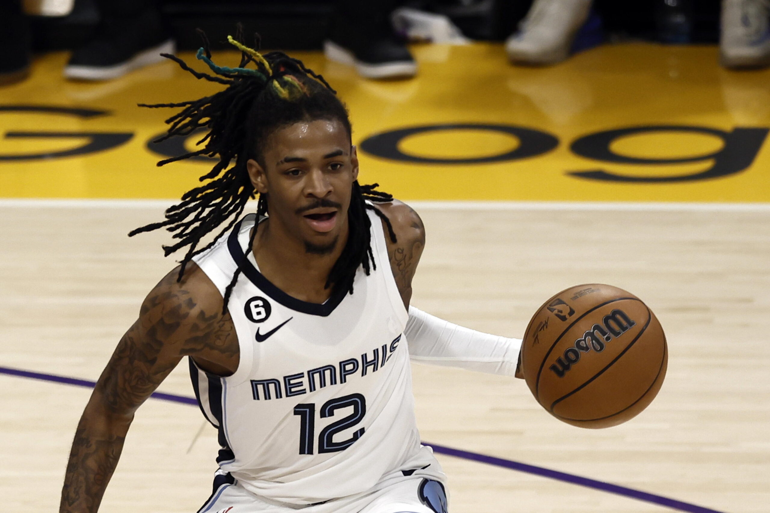 epa10590069 Memphis Grizzlies guard Ja Morant in action during the second quarter of the NBA playoffs round one game four between the Los Angeles Lakers and the Memphis Grizzlies at Crypto.com Arena in Los Angeles, California, USA, 24 April 2023.  EPA/ETIENNE LAURENT SHUTTERSTOCK OUT