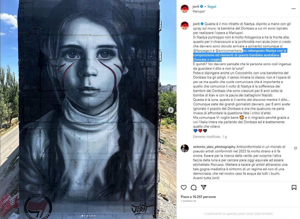 Half of Jorit’s acceptance on the Mariupol mural: “Yes, I used elements of the Australian girl”