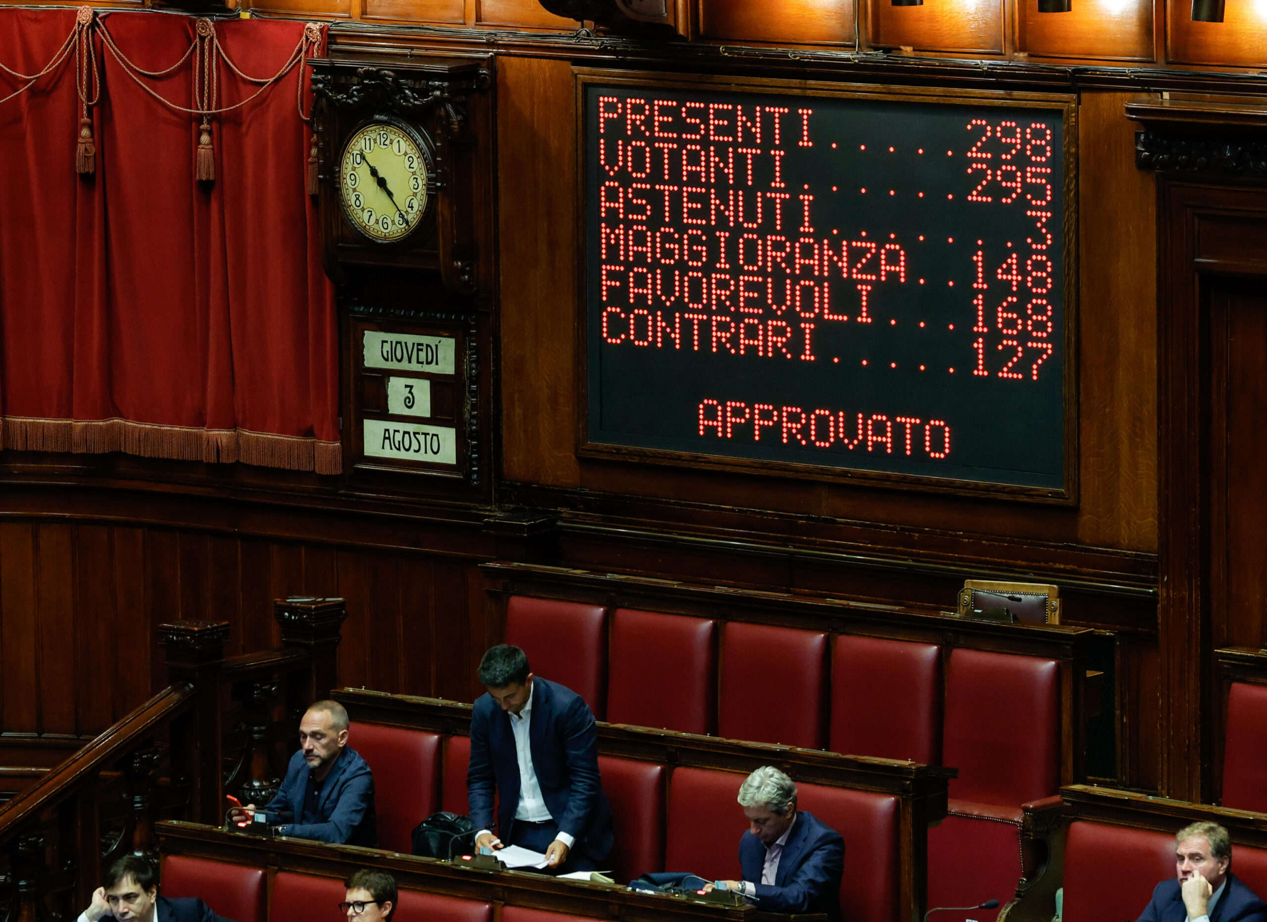 Tabellone elettronico della Camera con risultato voto su sospensiva salario minimo, Roma, 3 Agosto 2023. ANSA/GIUSEPPE LAMI