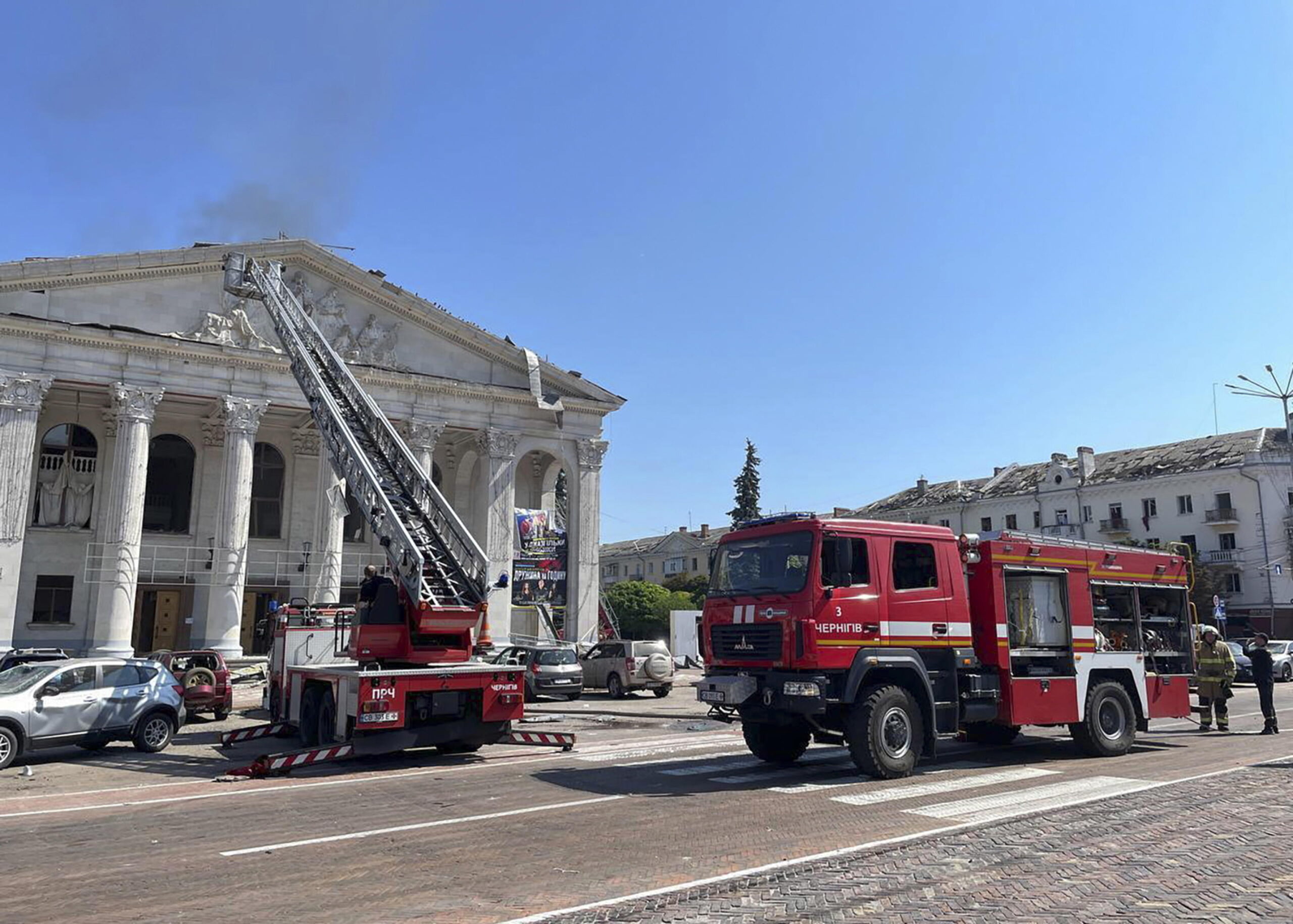 epa10806990 A handout photo made available by the State Emergency Service of Ukraine shows rescuers working at the area where a missile hit the Drama Theatre downtown of Cernihiv, Ukraine, 19 August 2023, amid the Russian invasion. According to the State Emergency Service, at least five people died and 42 were injured. Russian troops entered Ukrainian territory in February 2022, starting a conflict that has provoked destruction and a humanitarian crisis.  EPA/STATE EMERGENCY SERVICE OF UKRAINE HANDOUT  HANDOUT EDITORIAL USE ONLY/NO SALES