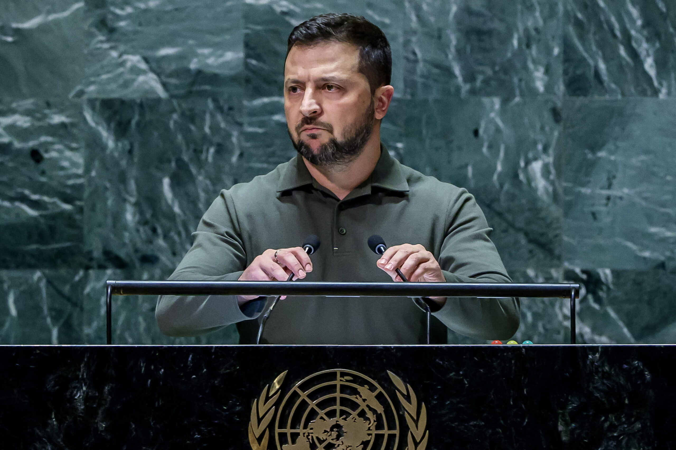 epa10870112 President of Ukraine Volodymyr Zelensky addresses the 78th session of the United Nations General Assembly at the United Nations Headquarters in New York, New York, USA, 19 September 2023.  EPA/JUSTIN LANE
