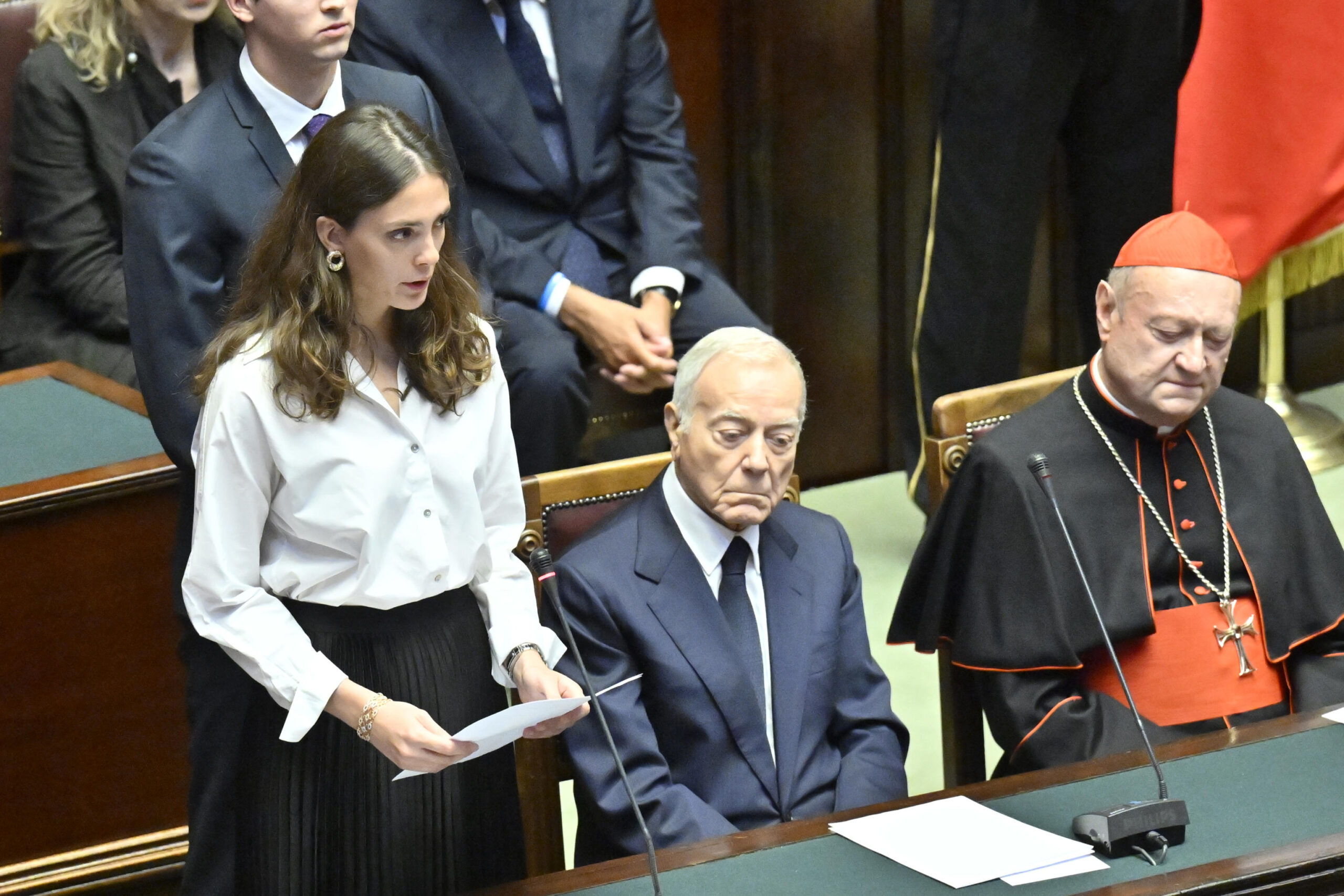 Giorgio Napolitano's niece, Lucia, Gianni Letta and Cardinal Gianfranco Ravasi during the secular State Funeral for the President Emeritus Giorgio Napolitano, in the Chamber of Montecitorio in Rome, Italy, 26 September 2023. Italy on Tuesday mourns Giorgio Napolitano, the nation's first two-time president who died aged 98 in Rome on Friday, with a non-religious State funeral in the Lower House.
 ANSA/ALESSANDRO DI MEO