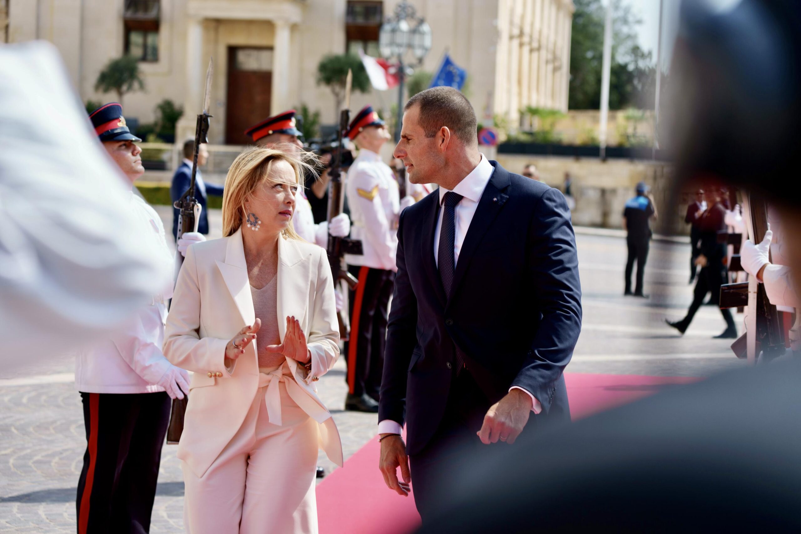 Il Primo Ministro maltese Robert Abela accoglie la Premier italiana Giorgia Meloni all'arrivo per 10mo Vertice dei Leader dei Paesi del Sud dell'Unione Europea, a La Valletta, Malta, 29 settembre 2023. L'incontro UE-Med9 riunisce i leader o i rappresentanti di Spagna, Portogallo, Francia, Italia, Grecia, Malta, Cipro, Slovenia e Croazia.    NPK    ANSA / Filippo Attili - Palazzo Chigi    +++ ANSA PROVIDES ACCESS TO THIS HANDOUT PHOTO TO BE USED SOLELY TO ILLUSTRATE NEWS REPORTING OR COMMENTARY ON THE FACTS OR EVENTS DEPICTED IN THIS IMAGE; NO ARCHIVING; NO LICENSING +++

A handout picture, provided by Chigi Palace Press Office, shows Maltas Prime Minister Robert Abela welcomes his Italian counterpart Giorgia Meloni upon arrival ahead of the 10th Summit of the Leaders of the Southern Countries of the European Union, in Valletta, Malta, 29 September 2023. The EU-Med9 meeting brings together the leaders or representatives of Spain, Portugal, France, Italy, Greece, Malta, Cyprus, Slovenia and Croatia. NPK     ANSA / Filippo Attili - Chigi Palace Press Office  +++ ANSA PROVIDES ACCESS TO THIS HANDOUT PHOTO TO BE USED SOLELY TO ILLUSTRATE NEWS REPORTING OR COMMENTARY ON THE FACTS OR EVENTS DEPICTED IN THIS IMAGE; NO ARCHIVING; NO LICENSING +++