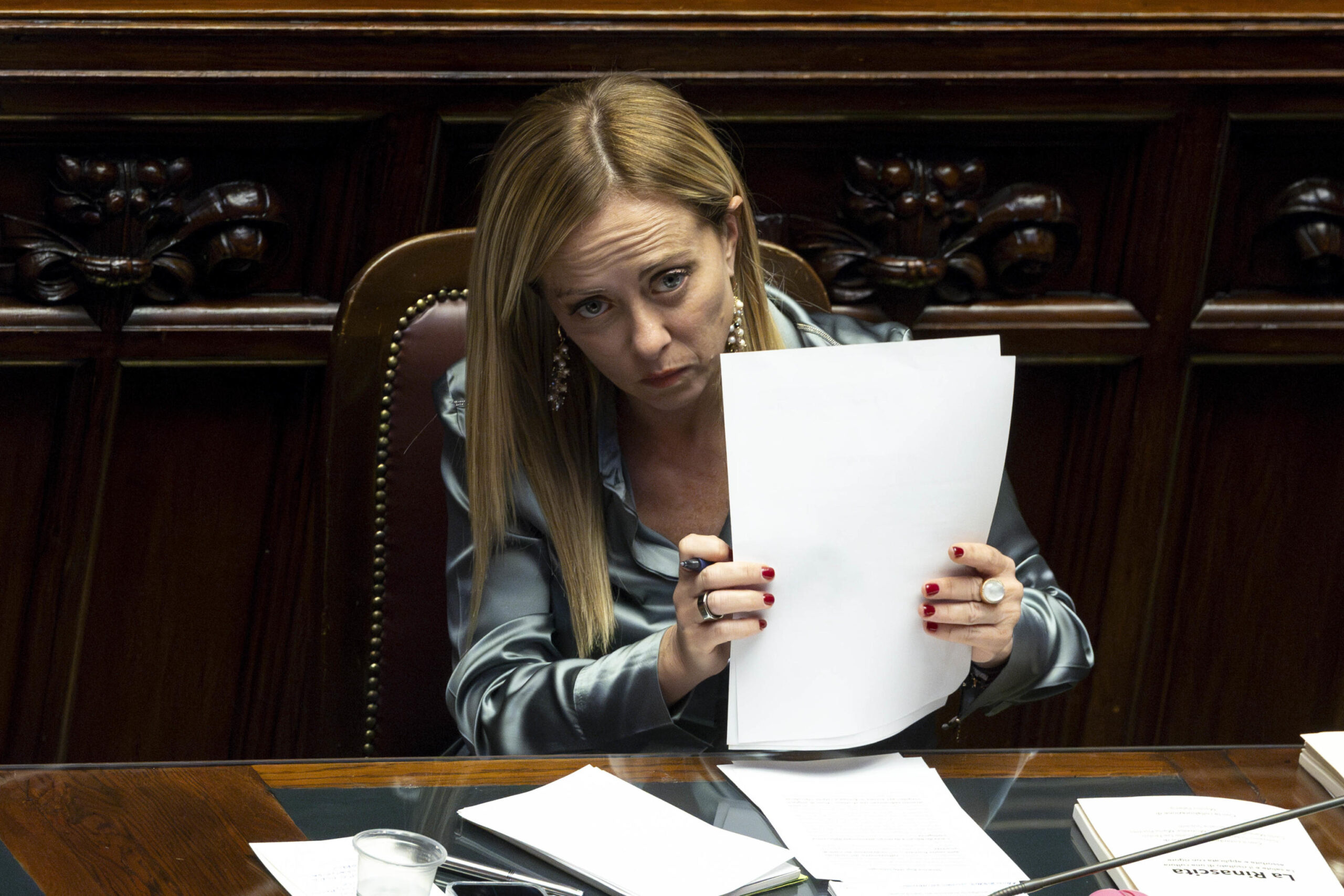 Il presidente del consiglio dei ministri Giorgia Meloni durante le comunicazioni del parlamento in vista del consiglio Europeo. 25 ottobre 2023
ANSA/MASSIMO PERCOSSI