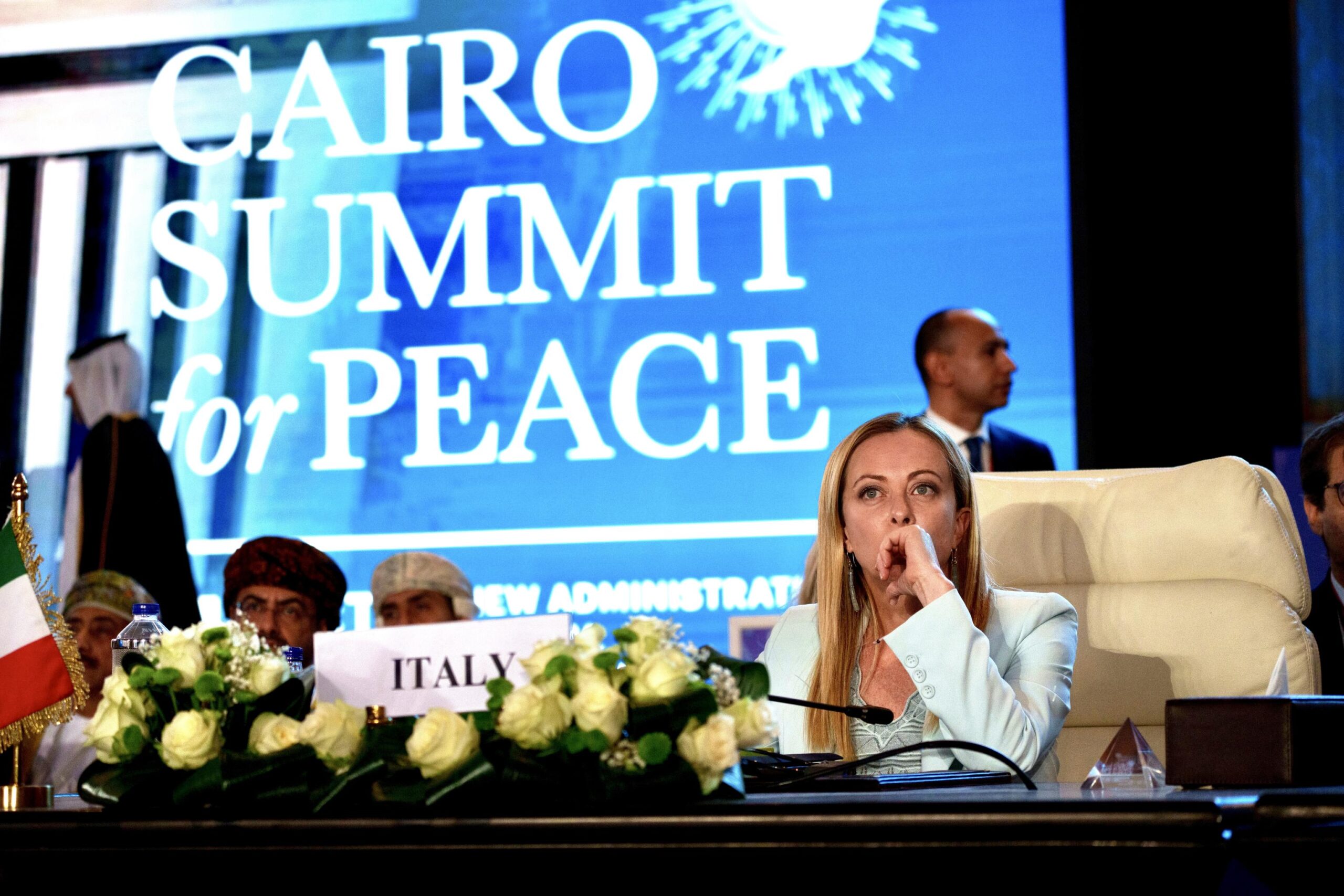 Italian Prime Minister Giorgia Meloni attending the International Peace Summit hosted by the Egyptian president in Cairo on October 21, 2023, amid the ongoing battles between Israel and the Palestinian group Hamas. 
ANSA/ CHIGI PALACE PRESS OFFICE/ FILIPO ATTILI +++ ANSA PROVIDES ACCESS TO THIS HANDOUT PHOTO TO BE USED SOLELY TO ILLUSTRATE NEWS REPORTING OR COMMENTARY ON THE FACTS OR EVENTS DEPICTED IN THIS IMAGE; NO ARCHIVING; NO LICENSING +++ NPK +++