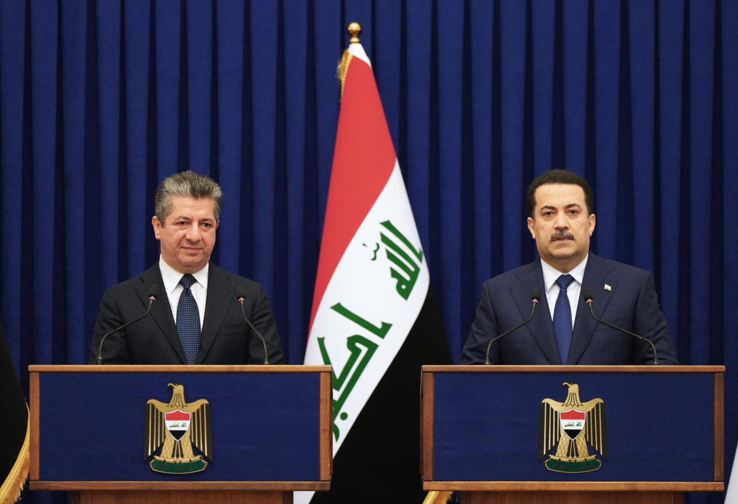 epa10558435 A handout photo made available by Iraqi Prime Minister's Office shows Iraqi Prime Minister Mohammed Shia al-Sudani (R) and Prime Minister of the Kurdistan Region Masrour Barzani (L) during a joint prress conference in Baghdad, Iraq, 04 April 2023. Barzani arrived in Baghdad on 04 April, accompanied by a high-level delegation of the Kurdistan Regional Government (KRG), where he met with Iraqi Oil Minister, Prime Minister Sudani, and President Rashid. Kurdistan region and Iraqi central government signed an agreement to resume the Regions oil exports.  EPA/IRAQI PRIME MINISTER OFFICE HANDOUT  HANDOUT EDITORIAL USE ONLY/NO SALES