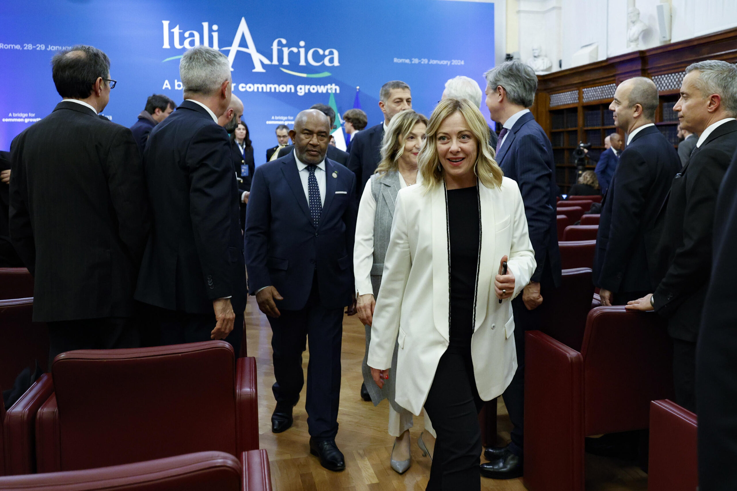 Italian Prime Minister Giorgia Meloni (R) and President of the African Union Azali Assoumani during the press conference at the end of Italy-Africa Summit in the Italian Senate in Rome, Italy, 29 January 2024. ANSA/FABIO FRUSTACI