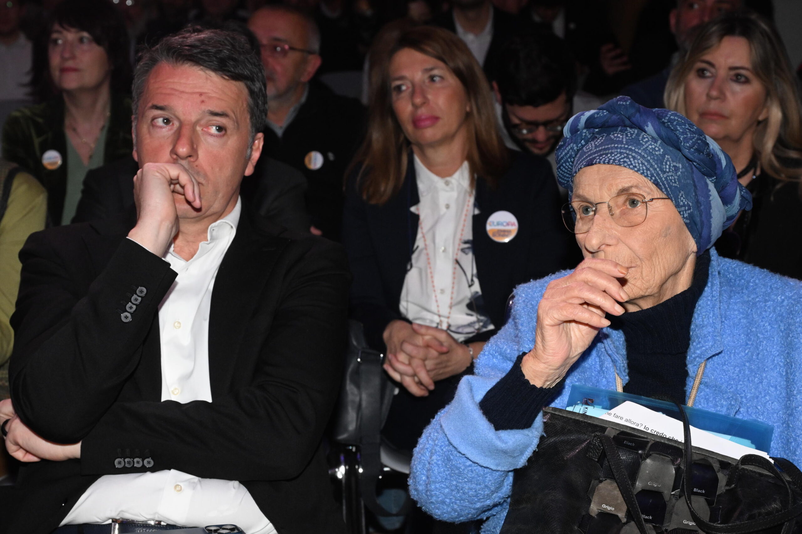 Matteo Renzi di Italia Viva e Emma Bonino nel corso dellincontro Per gli Stati Uniti dEuropa con Emma Bonino a Roma, 24 febbraio 2024. ANSA/CLAUDIO PERI