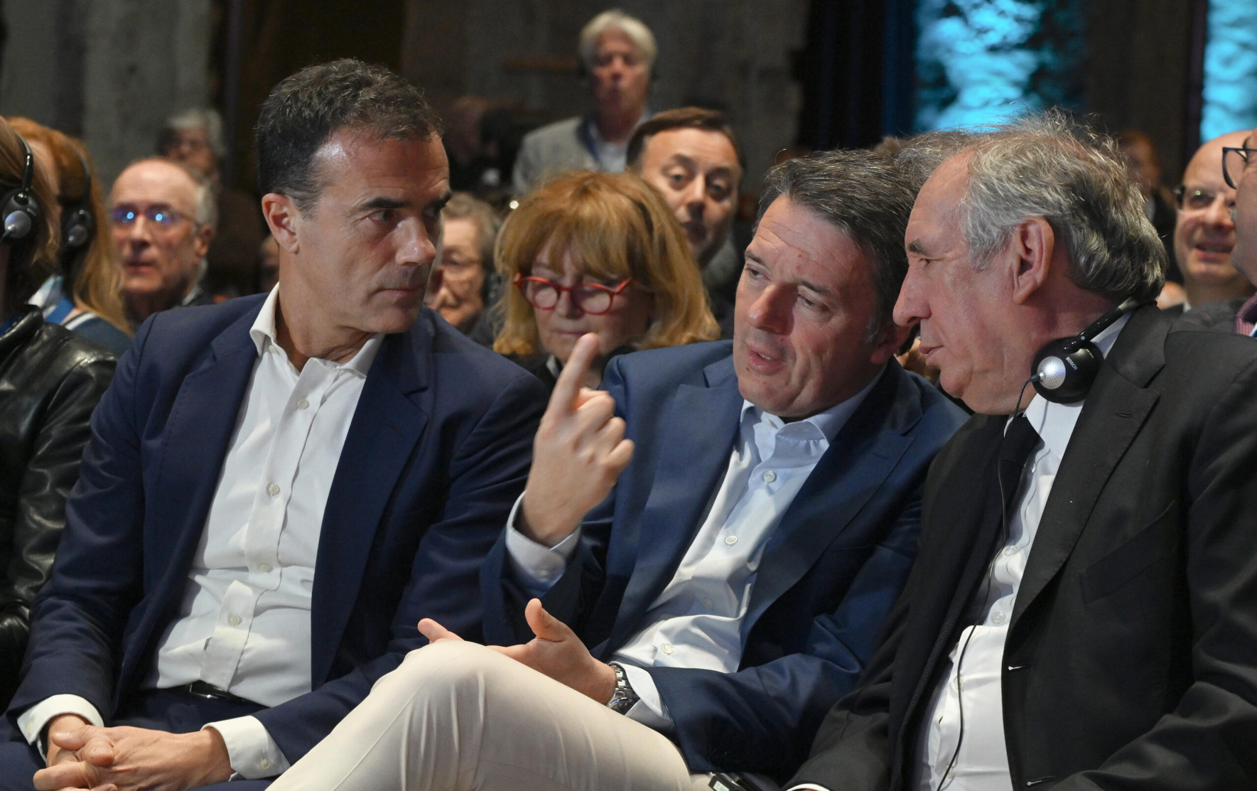 Da ( S-D) San duo Gozi Matteo Renzi e il Presidente del Partito democratico Europeo Francois Bayrou al Convegno democratico europeo alla Ex  Stazione Leopolda di Firenze  08 Marzo  2024  ANSA/CLAUDIO GIOVANNINI