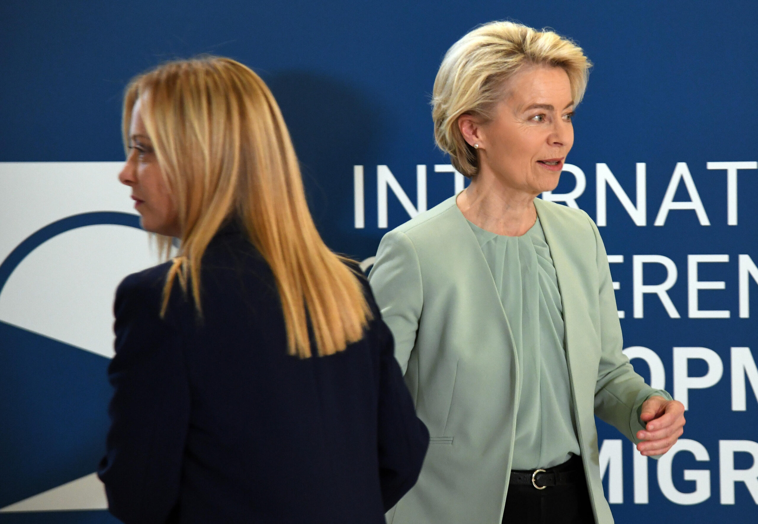 The President of the European Commission Ursula Von Der Leyen and the Prime Minister Giorgia Meloni on the occasion of the International Conference on Development and Migration at the Palazzo della Farnesina, Rome, 23 July 2023. ANSA/FABIO CIMAGLIA