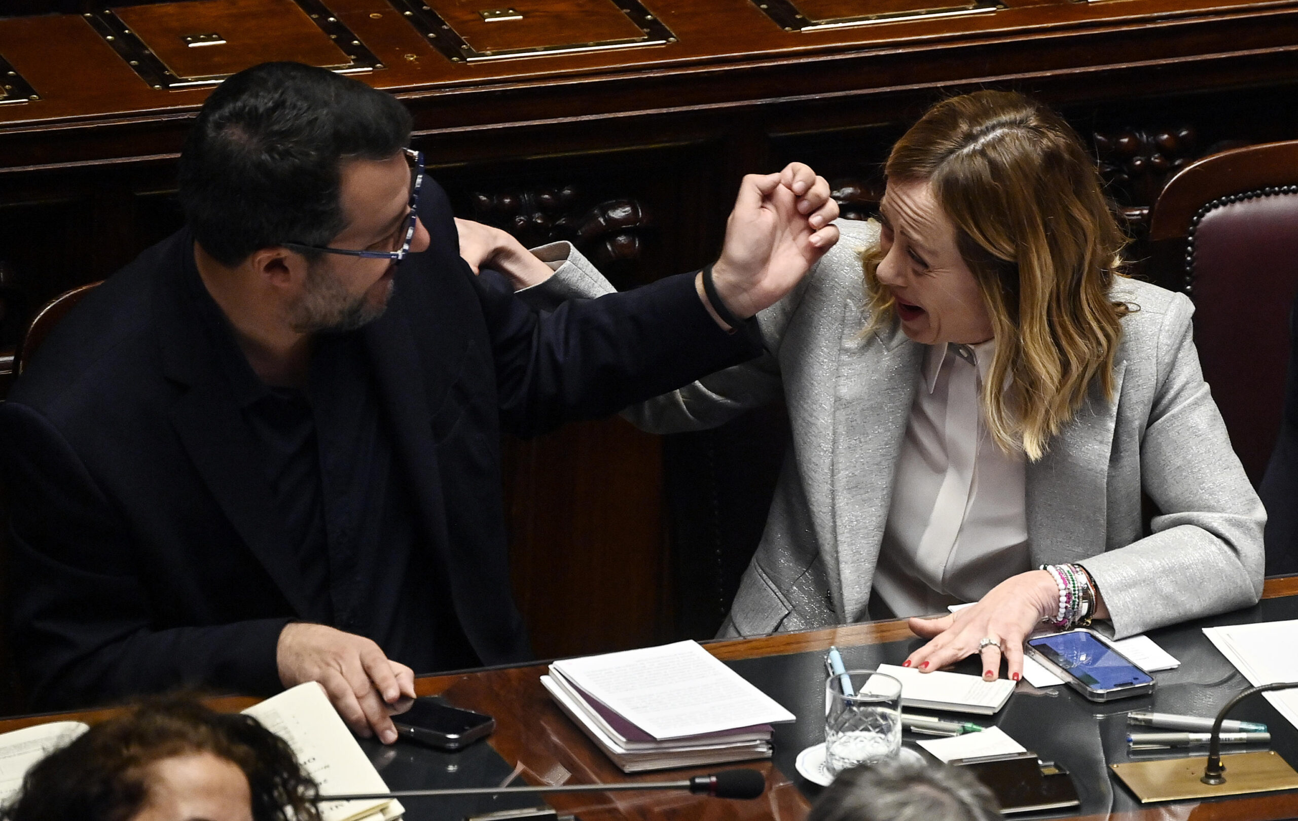 Italian Prime Minister Giorgia Meloni (R) with Italian Minister of Infrastructures, Matteo Salvini (L), during a session in the Chamber of Deputies, as she reported to the Lower House ahead of the European Council taking place in Brussels on 21 and 22 March, Rome, Italy, 20 Marcxh 2024. ANSA/RICCARDO ANTIMIANI