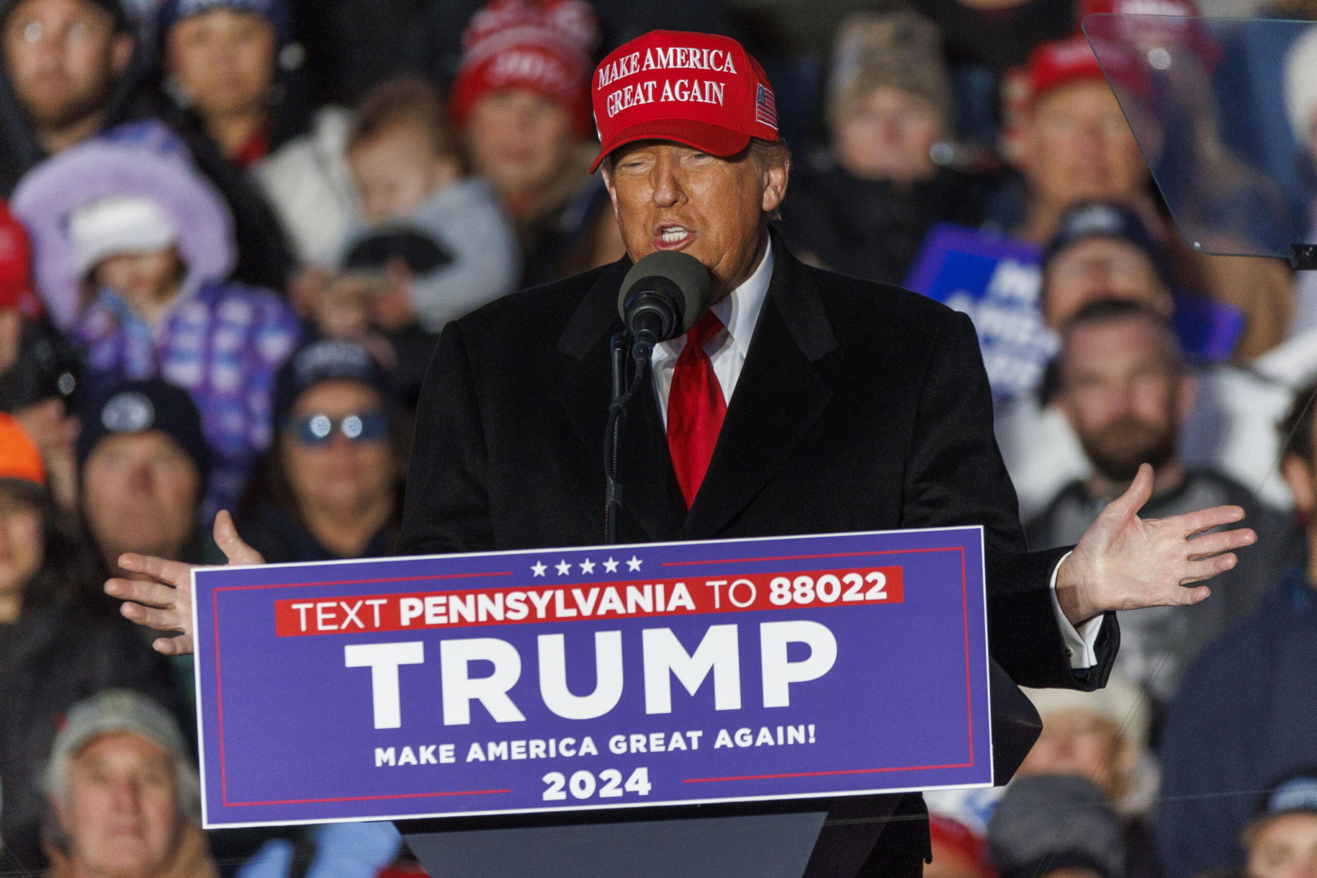 epa11277598 Former US President Donald Trump speaks during a rally in Schnecksville, Pennsylvania, USA, 13 April 2024. Trump returned to the swing state of Pennsylvania days before the state's primary election and before he is due in criminal court in New York.  EPA/SARAH YENESEL