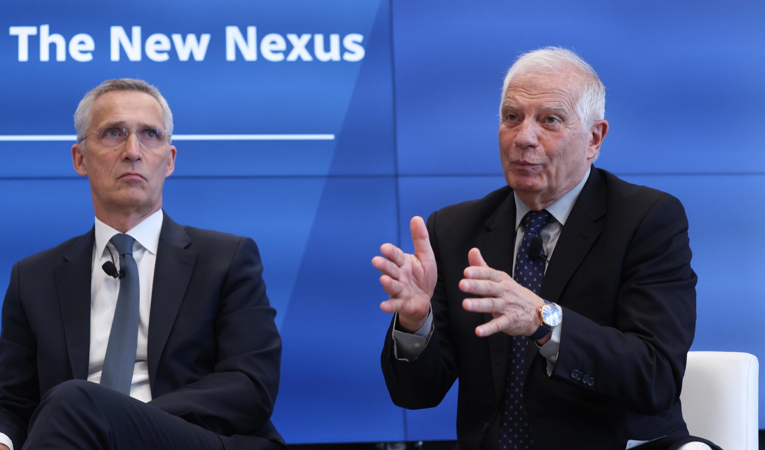 epa10704209 NATO Secretary General Jens Stoltenberg (L) and European Union High Representative for Foreign Affairs and Security Policy, Josep Borrell (R) attend a GMF conference 'A Transatlantic Conversation: Climate and Security - The New Nexus', in Brussels, Belgium, 21 June 2023. The conference is taking place a day ahead of the Summit for a New Global Financing Pact.  EPA/OLIVIER HOSLET