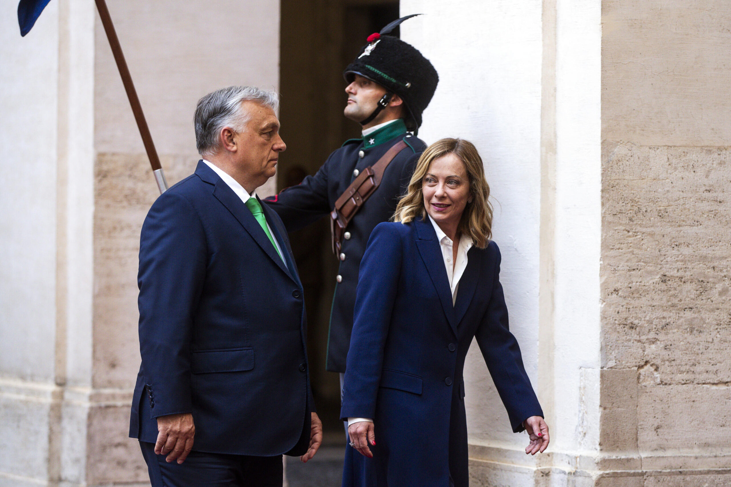 Italian Prime Minister Giorgia Meloni welcomes Hungarian Prime Minister, Viktor Orban, prior their meeting at Chigi Palace in Rome, Italy, 24 June 2024.
ANSA/ANGELO CARCONI