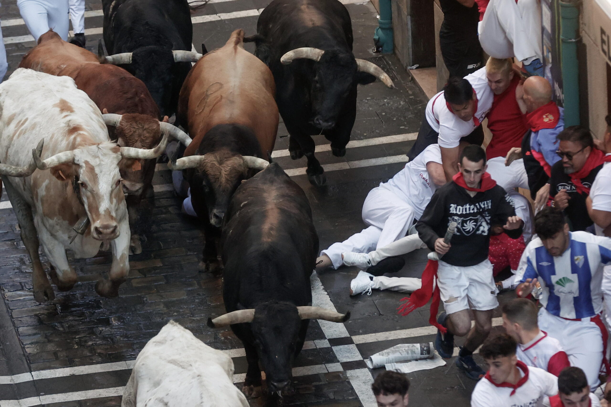 epa11464337 Runners are chased by bulls during the first running of the bulls of San Fermin festival (known as 'Sanfermines') in Pamplona, northern Spain, 07 July 2024. The San Fermin festival 2024 runs from 06 to 14 July, with the running of the bulls as main events.  EPA/JESUS DIGES