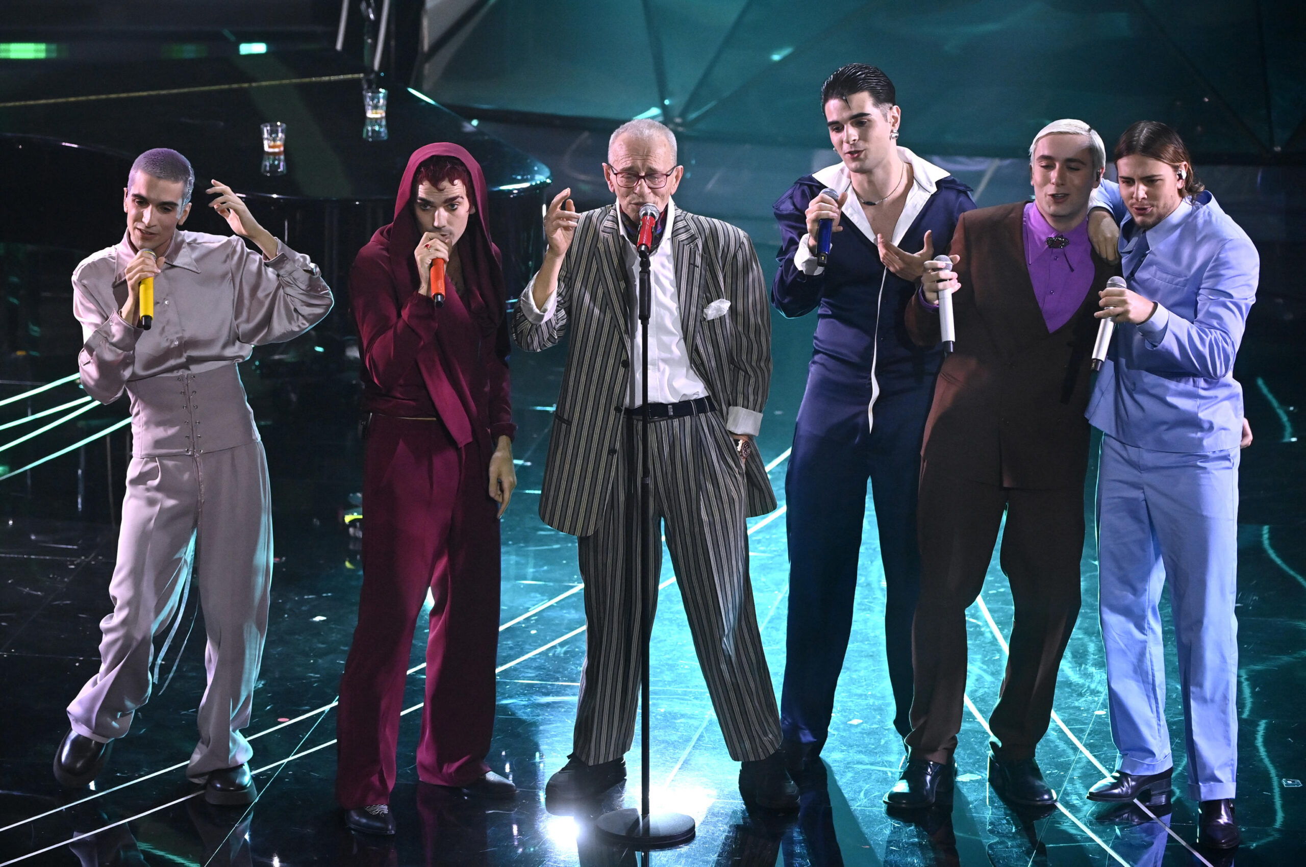 Italian band bnkr44 with Italian singer Pino D'Angiò perform on stage at the Ariston theatre during the 74th Sanremo Italian Song Festival, Sanremo, Italy, 09 February 2024. The music festival will run from 06 to 10 February 2024. ANSA/RICCARDO ANTIMIANI
