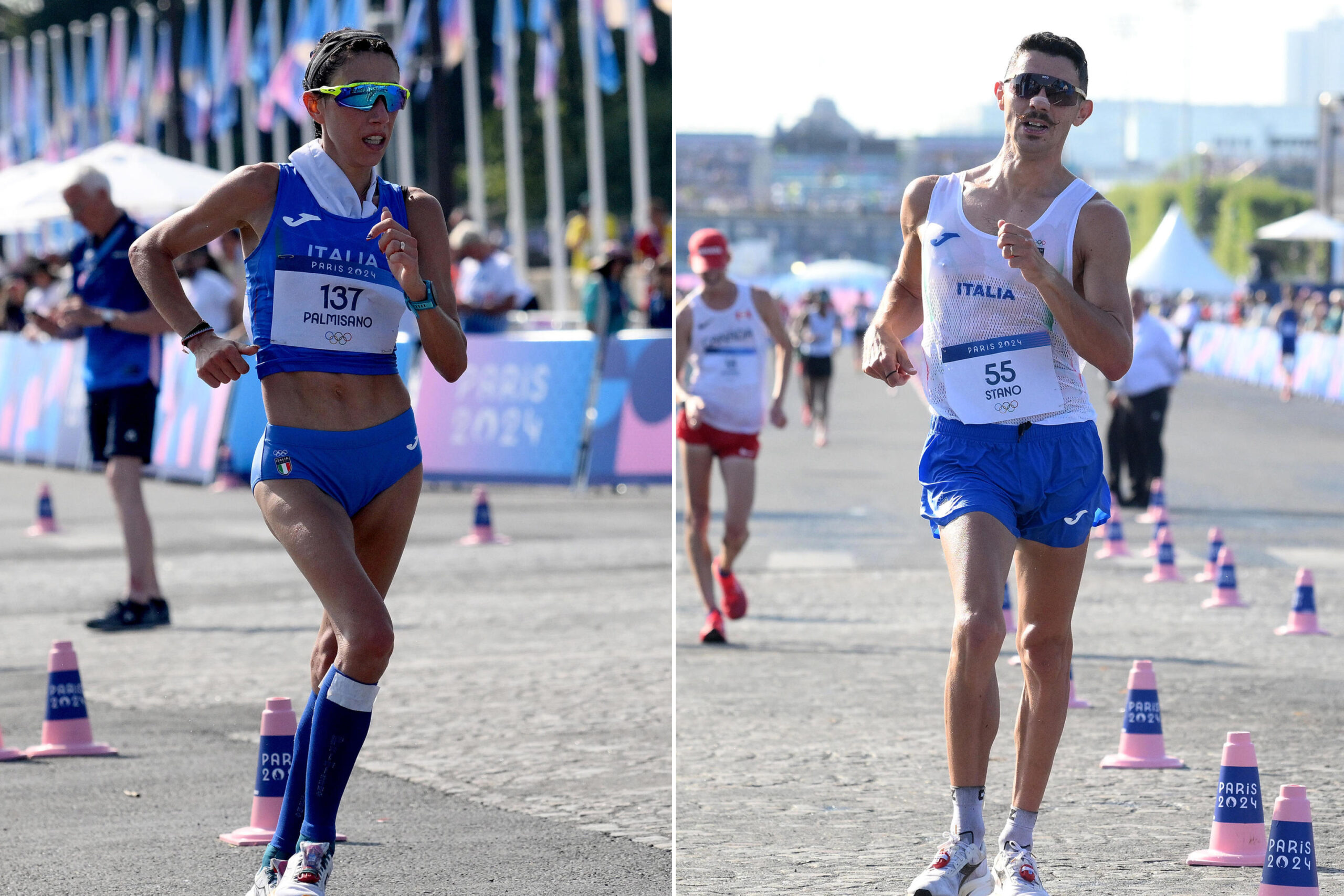 A sinistra: Antonella Palmisano, a destra: Massimo Stano, entrambi impegnati oggi nella Marcia 20km alle Olimpiadi di Parigi 2024. ANSA/ ETTORE FERRARI