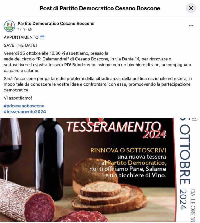 pd cesano boscone evento tesseramento pane salame