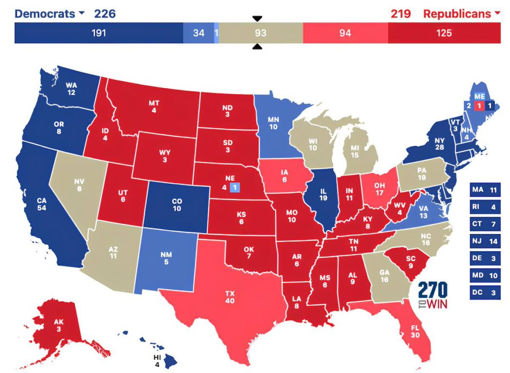 Mappa sondaggi elezioni usa 2024 Swing States