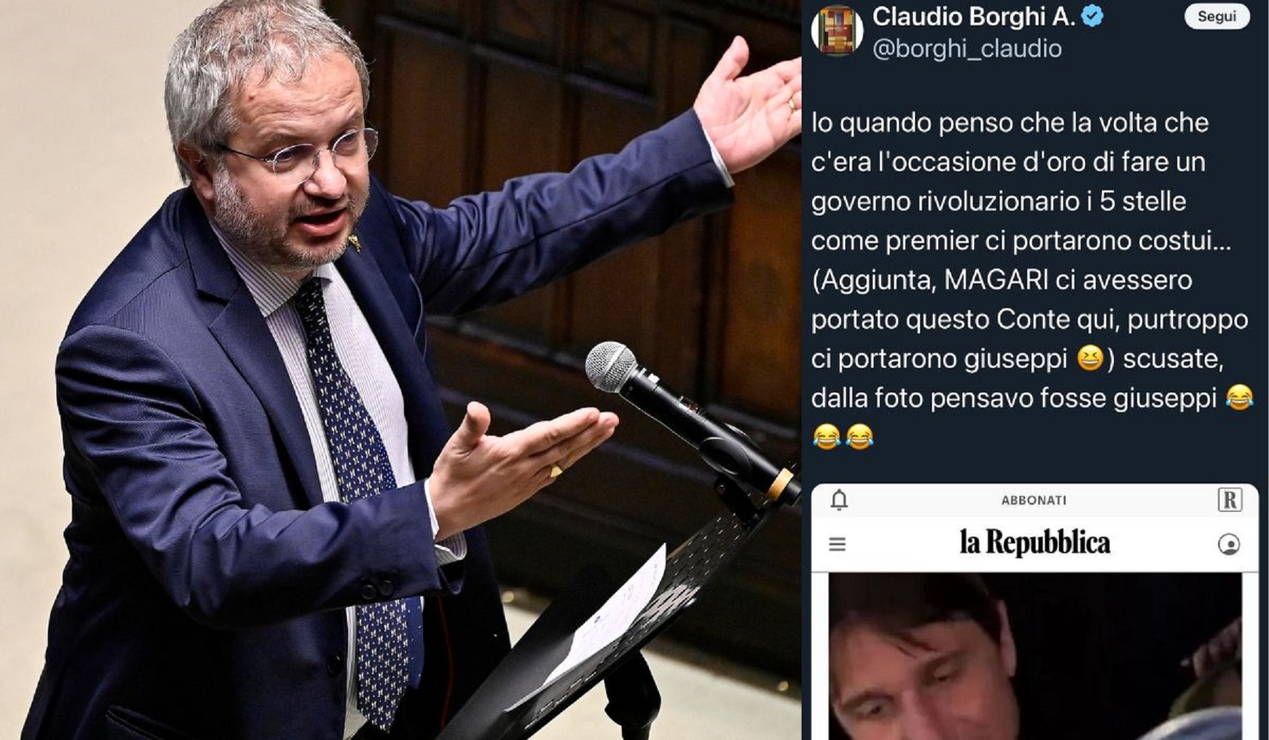 Lo scivolone del leghista Borghi: sbaglia Conte e scambia la foto dell’allenatore del Napoli con il leader M5S