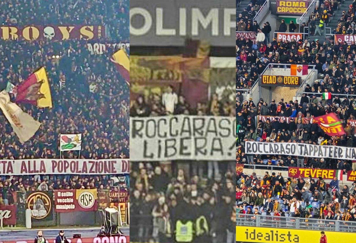 Gli striscioni su Roccaraso in curva a Roma-Napoli, lo sfottò romanista sull’invasione dei turisti e tiktoker napoletani – Le foto