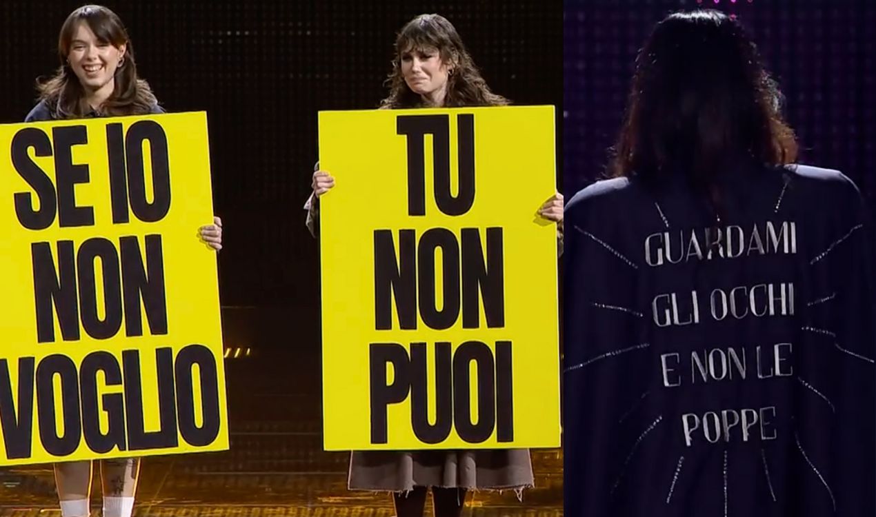 Sanremo 2025, le Nuove Proposte portano il femminismo sul palco: il cartello contro la violenza sulle donne e il mantello che richiama Ferragni