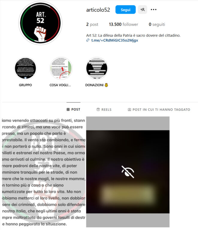 gruppo "Articolo 52" profilo Instagram fondi revolut