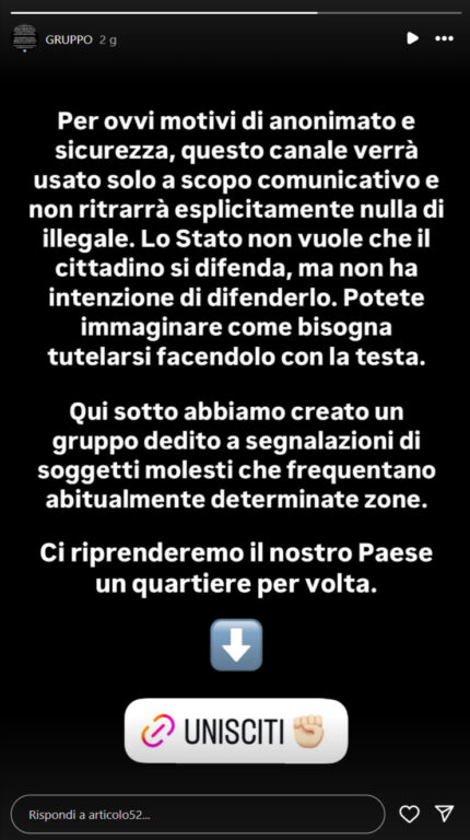 Articolo 52 storia Instagram anti maranza