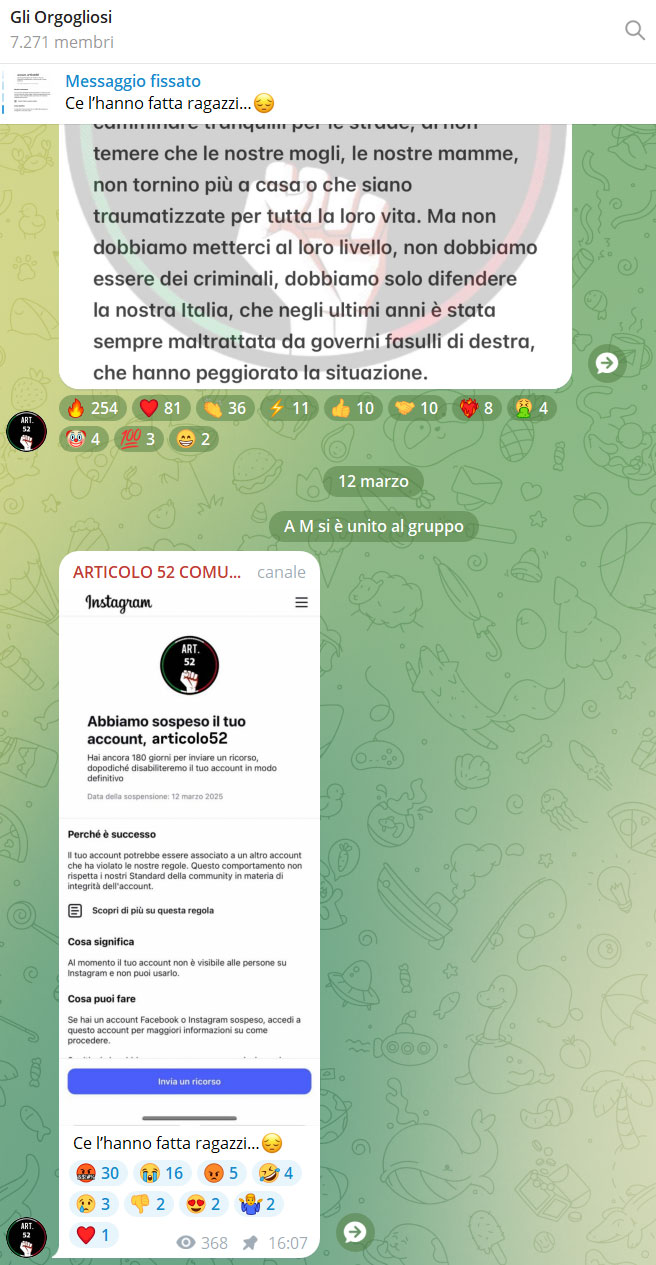 chiusura comunicazione Instagram gruppo articolo 52 