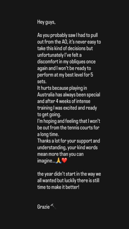 Matteo Berrettini ha annunciato sui social la decisione di non partecipare all'Australian Open