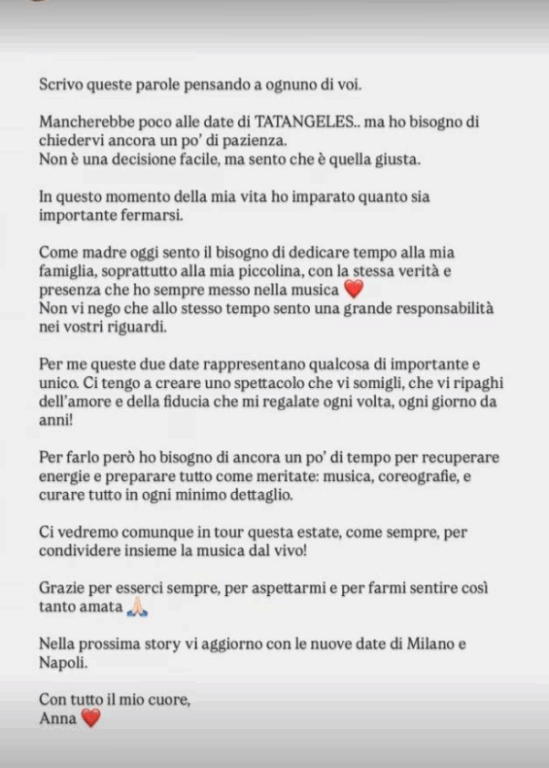 Anna Tatangelo rimanda i concerti