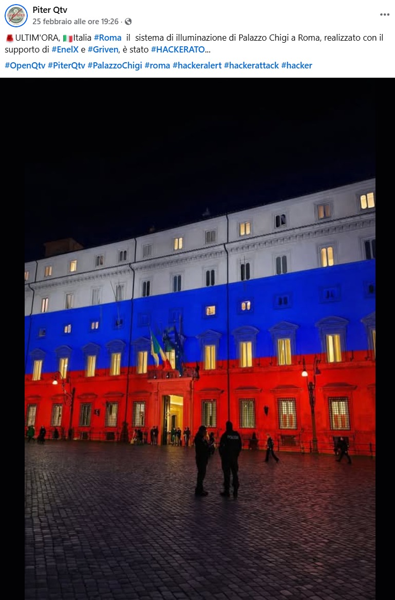 Foto virale di Palazzo Chigi illuminato con i colori della Russia per presunto attacco hacker.