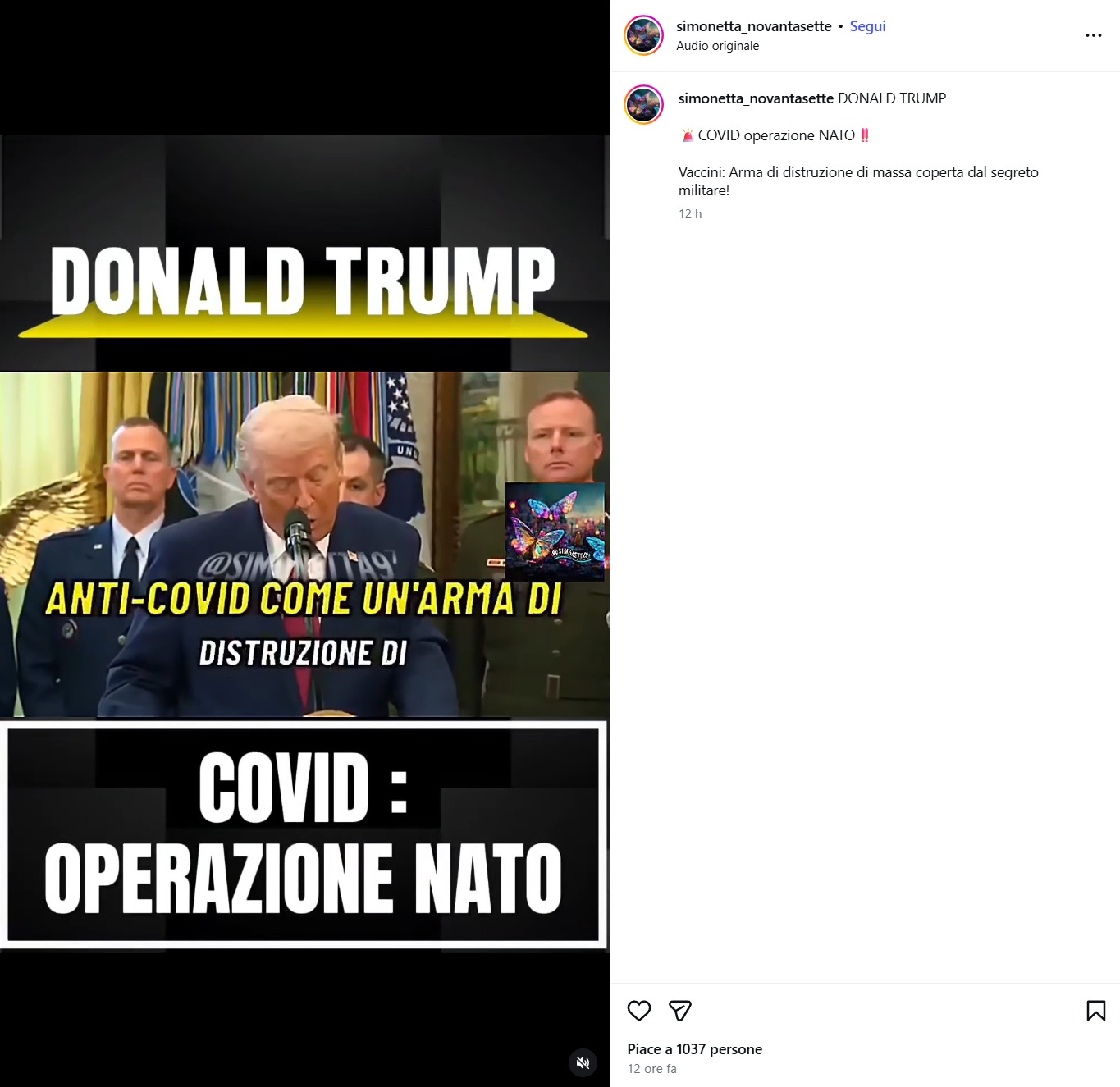 Un reel con il video alterato pubblicato su Instagram.