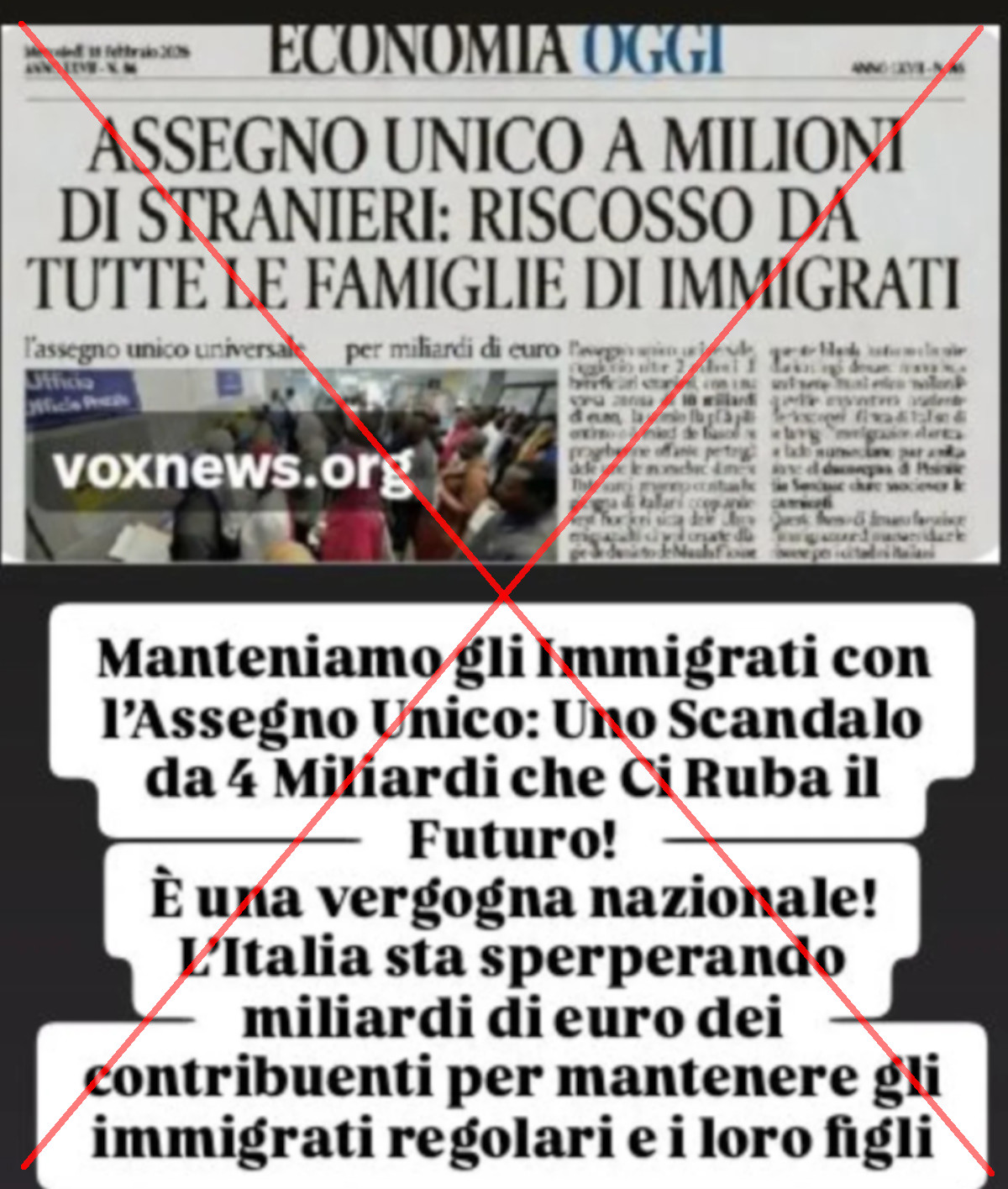 Lo screenshot del contenuto virale condiviso sui social con l'immagine falsa generata con l'AI da Voxnews