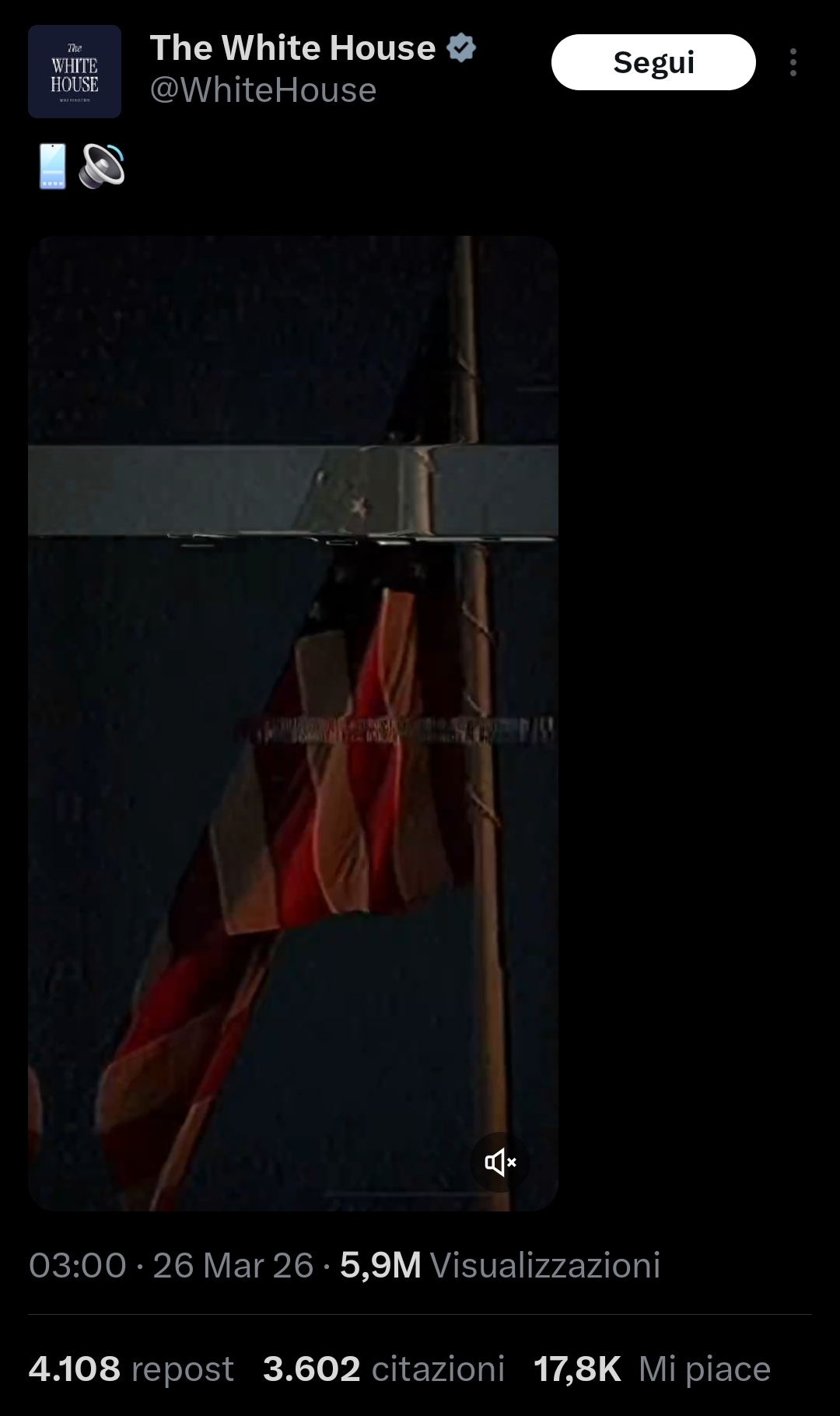 Screenshot del post X con il fotogramma del video raffigurante la bandiera americana