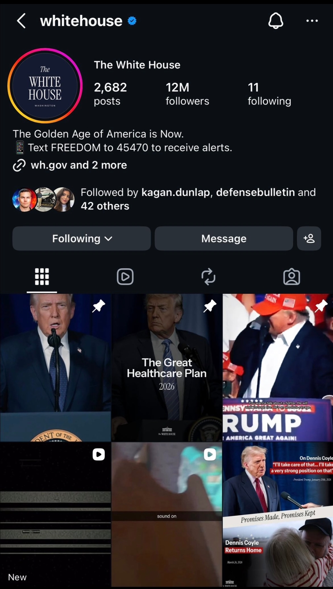 Screenshot dell'account Instagram della Casa Bianca con i due video pubblicati 