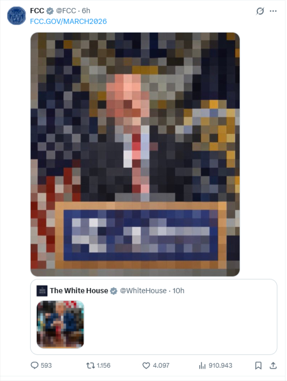 Screenshot del post X della FCC che condivide una nuova foto pixellata