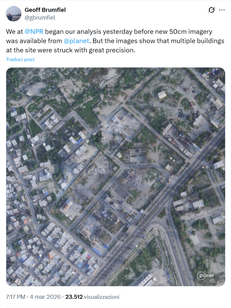 Immagine satellitare della base militare di Minab pubblicata da Geoff Brumfiel che mostra gli edifici distrutti dal bombardamento, inclusa la scuola adiacente al complesso militare.