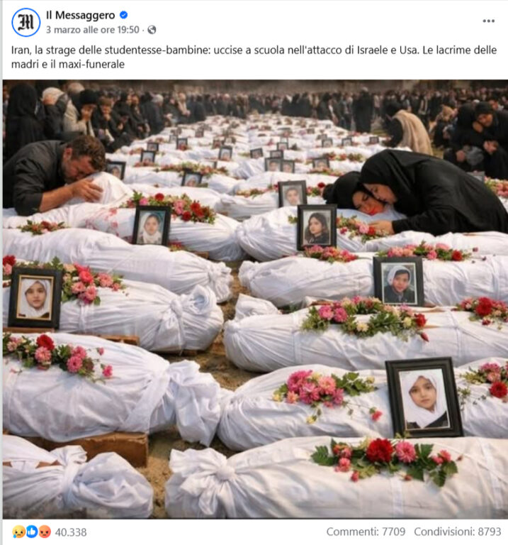 Post Facebook de Il Messaggero sulla strage delle bambine a Minab con foto IA.