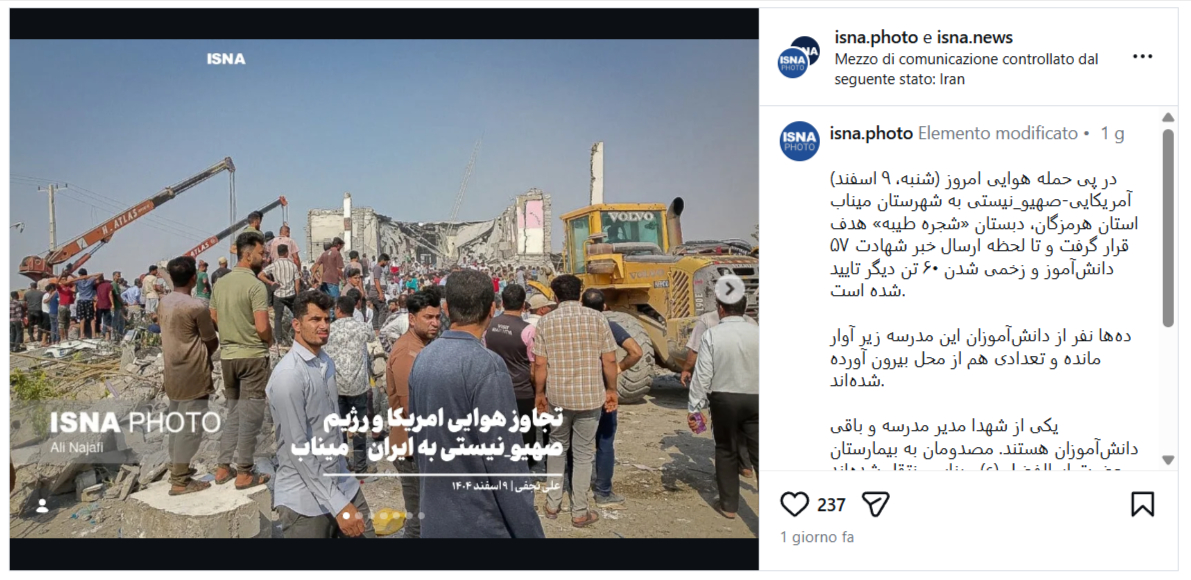 Post Instagram di Isna News con il bilancio delle vittime della scuola Shajareh Tayyebeh.