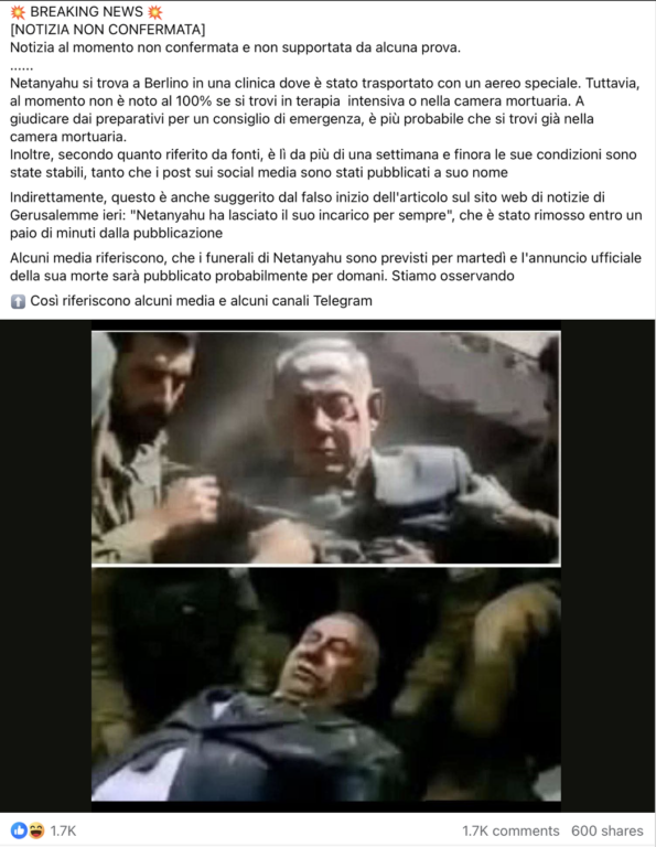 Post social diffusione fake news Netanyahu morto