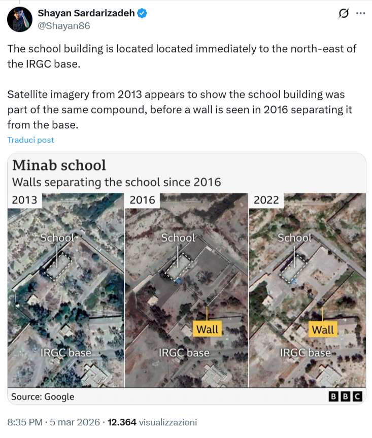 Screenshot di un post X di Shayan Sardarizadeh della BBC che mostra l'evoluzione dei confini tra la scuola di Minab e la base militare IRGC negli anni 2013, 2016 e 2022.