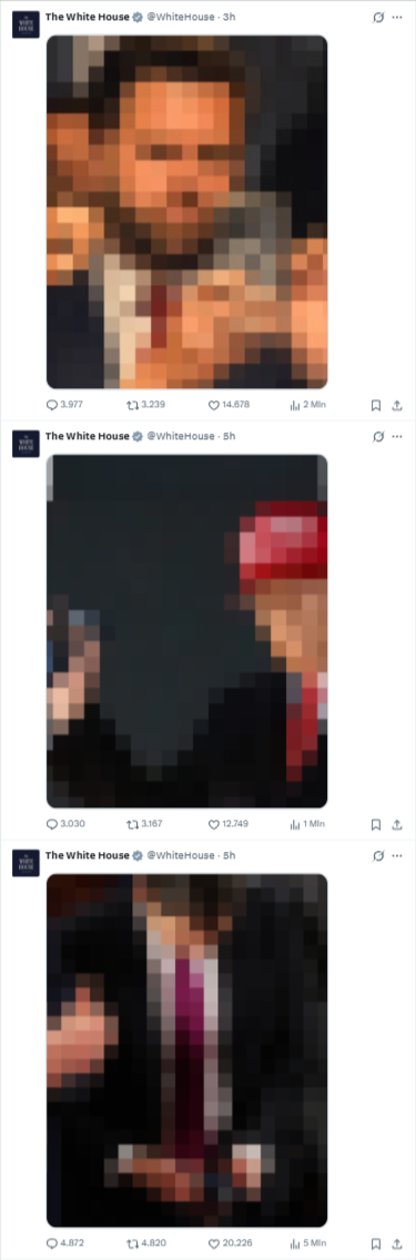 Screenshot dei tre post X della Casa Bianca con ulteriori tre foto pixellate. Due delle persone ritratte sembrano essere JD Vance e Donald Trump.