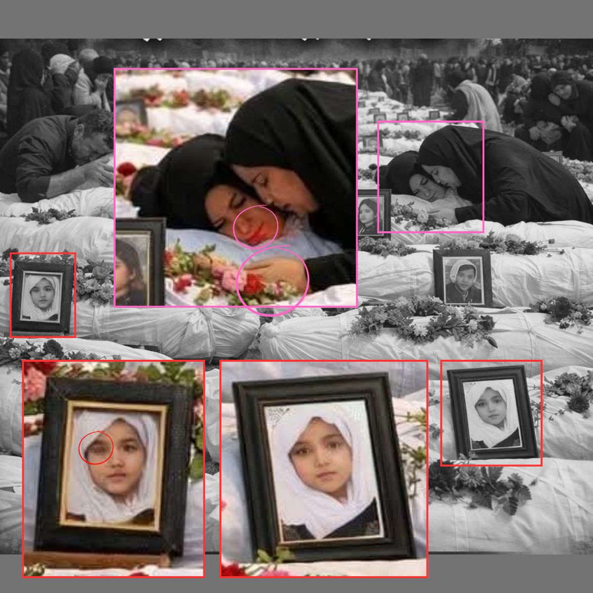 Analisi tecnica dei glitch IA nella foto del funerale in Iran: volti duplicati e deformati.
