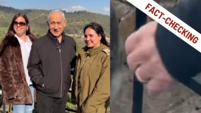 Benjamin Netanyahu che posa al bar Sataf e l'anello che pare scomparso, con la scritta "fact-checking"