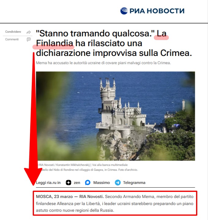 Screenshot titolo RIA Novosti su Armando Mema e Finlandia. Didascalia: Il titolo ingannevole di RIA e la fonte che parlerebbe a nome della Finlandia: l'idraulico Armando Mema.
