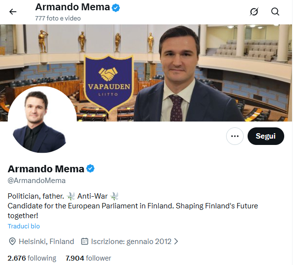 Screenshot del profilo X di Armando Mema